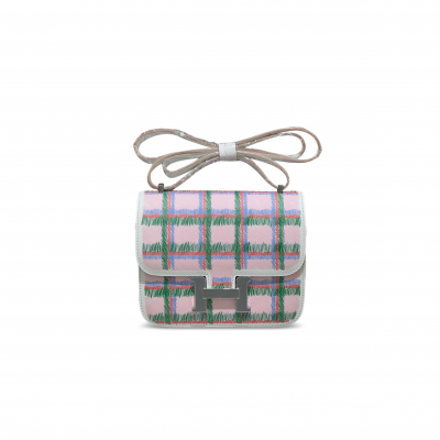 HERMES CONSTANCE 18 TARTAN MAUVE PALE SWIFT PALLADIUM HARDWARE (18*15*4cm)